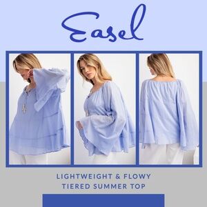 EASEL Lightweight & Flowy Cotton Lined Top Bell Sleeves Keyhole Neck Beaded Ties